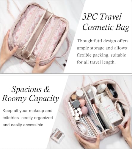 Image of Travel Makeup Bag, Large Capacity Puffy Toiletry & Cosmetic Bag for Women | 3 PCS Open Flat Quilted Makeup Cosmetic Organizer, Waterproof w /Clear Divider Portable Pouch for Skincare Travel Essentials