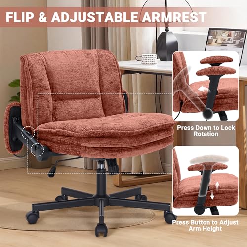 Image of Criss Cross Chair with Wheels and Flip Arms, Upholstered Cross Legged Office Chair with 3 Layer Cushions&Dynamic Airbag Lumbar Support, Wide Seat Comfy Desk Chair for Home Office, Living Room, Orange