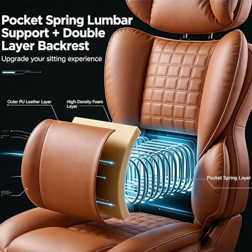 Image of Big and Tall Office Chair 350 LBS, Scratch-Resistant PU Leather Executive Office Desk Chair with Footrest, Ergonomic Reclining Computer Chair with Pocket Spring Support for Home Office, Brown