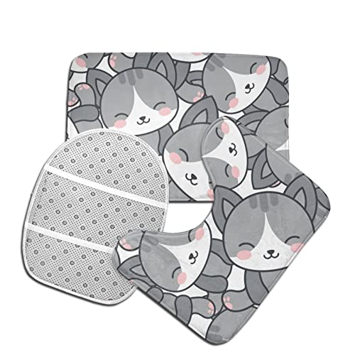 DIRYKILP Badematte + Konturmatte + Toilettendeckelbezug, Shy Little Grey Cat 3 Stück Badematte Set, mit rutschfester Klebeunterseite – Bild 5