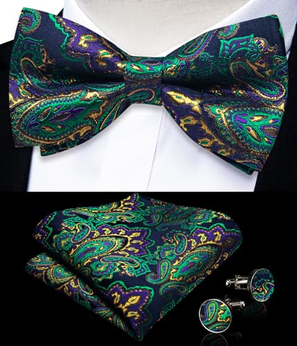 Image of DiBanGu Paisley Pre-Tied Bow Ties for Men Silk Adjustable Bowtie and Pocket Square Cufflinks for Wedding Party
