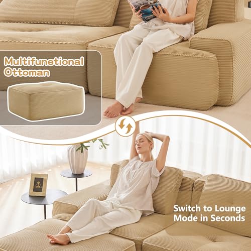 Image of 82 inch Modern Modular Boneless Couch for Living Room, 2 Seat, Soft Corduroy Fabric, Deep Seat Cloud sectional Sofa with Pearl Like Piping and Tufted Design, No Assembly, Anti Slip, Camel
