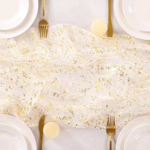Image of MLMC 6Pcs Beige Gold Table Runner Sheer Gauze Glitter Metallic Foil Tulle Table Centerpieces 120 Inch 10 FT for Wedding Anniversary Holiday Dining Home Party Table Decor