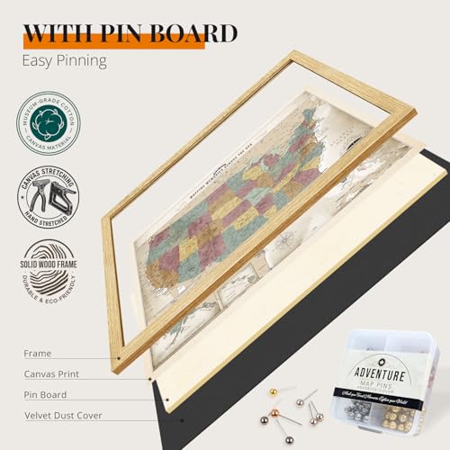 Image of DECORARTS - Oversized Personalized Push Pin Travel Map USA, Custom Name, Pin Board Canvas Wall Art, Vintage Pastel United States Decor, Optional Wood Frame, Giclee Print, Handcrafted in USA, 40x30''