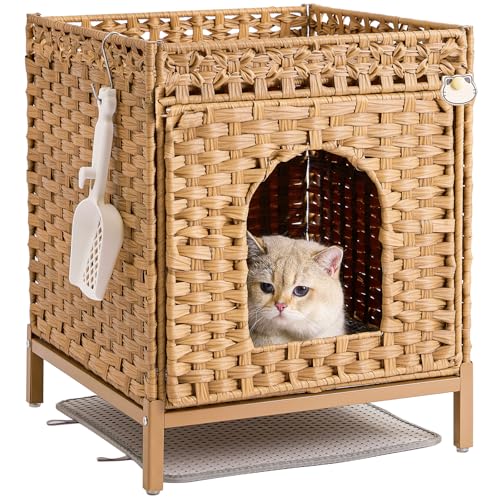 SETVSON Cat Litter Box Enclosure Hidden Litter Box Furniture with Metal Heightened Feet, Rattan...