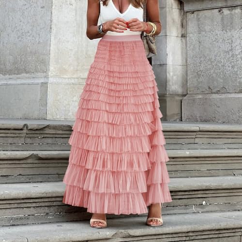 OZLMBERN Falda Larga Francesa con Elegante Temperamento Femenino Color sólido de Color Alto Falda de Pastel de Malla con Cintura Alta y esponjosa Falda