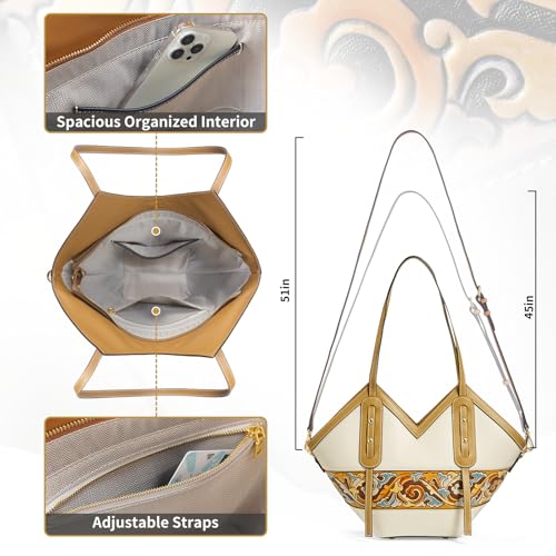 Image of Women's Leather Tote Bag & Large Capacity Hand-Carved Cloud Design, Full-Grain Cowhide