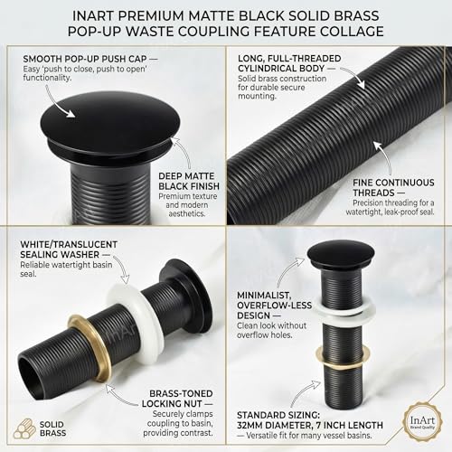 Image of InArt Brass Full Threaded Pop Up Waste Coupling 32 MM (7 inch, Black Matte) - for Table Top Wash Basins (Black 1)