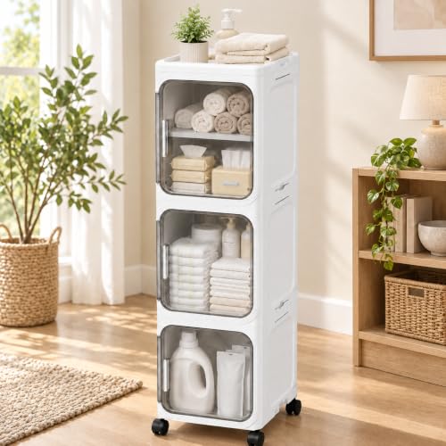 Image of KRISHYAM 3 Door Slim Plastic Storage Cabinet with Wheels, Collapsible Foldable Organizer with Transparent Doors & Removable Shelves for Bathroom, Bedroom, Kitchen & Living Room, White