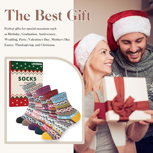Image of LOCONHA Womens Wool Socks 5 Pairs Winter Warm Sock Thick Knit Cabin Cozy Crew Soft Socks Gifts for Women