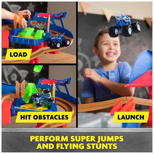 Image of Monster Jam, Supercharge Speedway Playset, Megalodon and El Toro Loco Die-Cast Monster Trucks, Light Up World Finals Track Kids Toys for Boys Ages 3 and Up