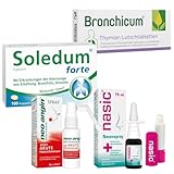 Erkältungsbundle 5er Set | 1xSoledum Kapseln forte 100 Kapseln | 1xnasic Nasenspray15 ml | 1xneo-angin Benzydamin Spray 30ml | 1x Thymian Lutschpastillen 20 Stück | 1xnasic Lippenpflegestift