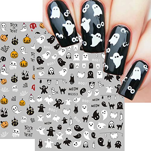 8 Sheets Halloween Nail Art Stickers Decals Self-Adhesive Pegatinas Uñas Cute Ghost Pumpkins Skull Spider Web Nail Supplies Nail Art Design Decoration Accessories #TOP19