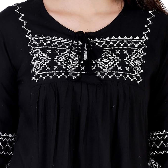 Image of Avayayat Women's Rayon Classic Heavy Embroidery Top with Beautifull Tassels at Front and on Both Sleeves Regular Fit Office Wear Festival Tunic Jeans Summer