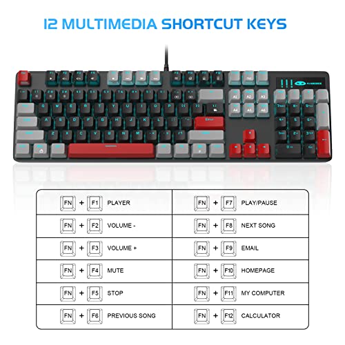 Image of MageGee Mechanical Gaming Keyboard, 104 Keys Blue Backlit Keyboard with Red Switches Double-Shot Keycaps, USB Wired Mechanical Computer Keyboard for Laptop, Desktop, PC Gamers(Gray & Black)