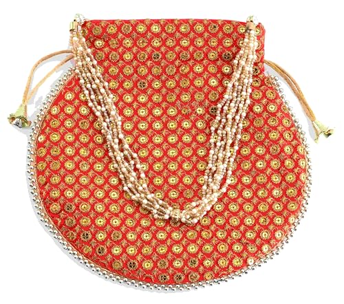 Image of Potli Bag Golden work wedding potli for ladies Gift for women handbags traditional Indian Wristlet with Drawstring Ethnic Embroidery Fashion Potli.