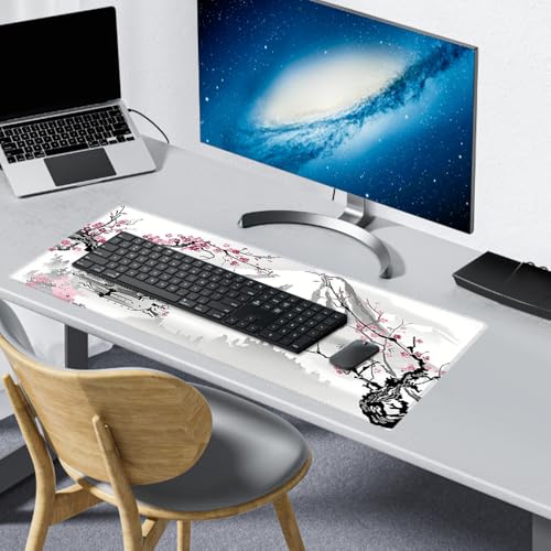 EXIN DECHEN Gaming Mousepad XXL, 900x400mm Weiß Kirschblüten Mousepad Extended Large Pc Unterlage Schreibtisch rutschfest Mauspad Japan Style für Gaming, Büro, Homeoffice, PC, MacBook, Laptop
