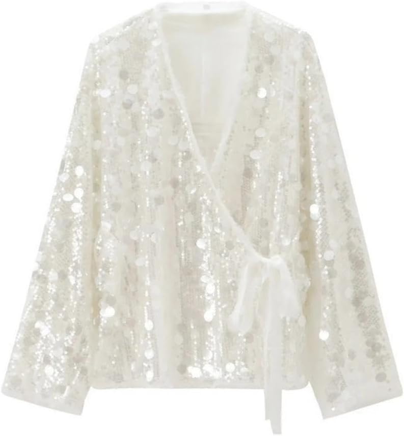 Women's Sparkly Sequin Shirt Tie Front Loose Tops Long Sleeve V Neck Glitter Blouse