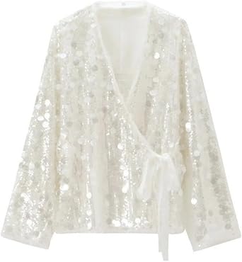 Womens Sparkly Sequin Shirt Tie Front Loose Tops Long Sleeve V Neck Glitter Blouse
