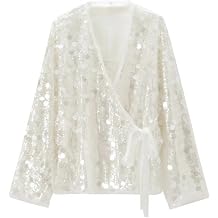 Womens Sparkly Sequin Shirt Tie Front Loose Tops Long Sleeve V Neck Glitter Blouse
