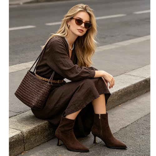 Image of Womens Brown Suede Fall Boots with Side Zip, Ankle, Mid Calf, Pointed Toe, Kitten Heel, Dressy, Short Boots