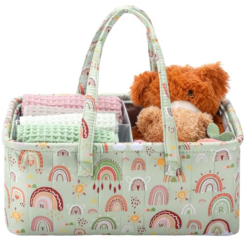 Image of Huhumy Boho Rainbow Baby Diaper Caddy Organizer Sage Green Diaper Basket for Newborn Baby Shower Gifts, Bohemian Portable Nursery Storage Bin for Changing Table Car
