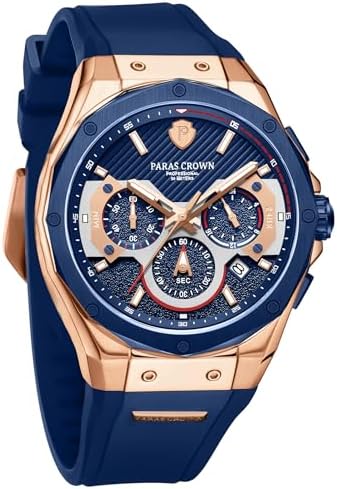 Paras Crown Watches for Men Luxury Japanese Quartz Movement Chronograph Analog Watch Stainless Steel Case 5ATM Waterproof Mens Watches