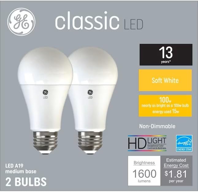 G E Bombillas LED clásicas de repuesto de 100 W, color blanco suave, A19+ de uso general (paquete de 2) 1600 lúmenes