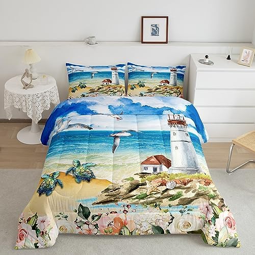 Sea Lighthouse Comforter Set Twin Size,Blue Ocean Beach Turtle Birds Animal Bedding Set for Kids Boys Men,Starfish Shell Colorful Flowers Quilted Duvet Set with 1 Pillowcase
