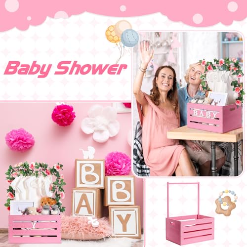 Image of Barydat Wooden Baby Crate Closet, Baby Basket with Handle and Garland Storage Hamper Shower Wooden Gift Crate Letters Self Adhesive for Pregnancy New Parent(Pink)