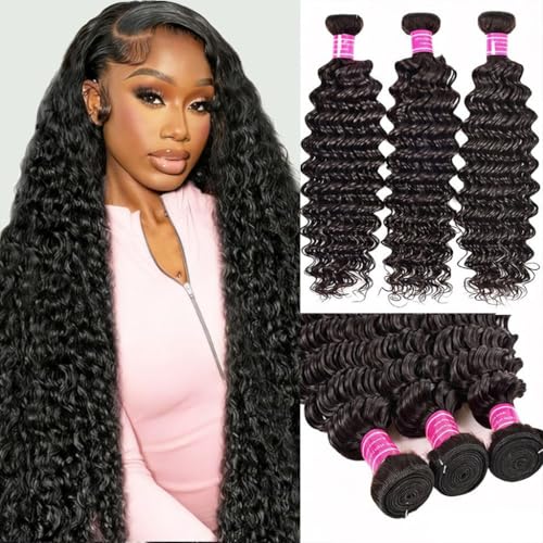 Human Hair Bundles 20 20 20Inch Deep Wave Bundles Human Hair 100% Unprocessed Brazilian Virgin Deep Curly Weave 3 Bundles 16a Wet and Wavy Hair Extensions Real Human Hair for Women Natural Black