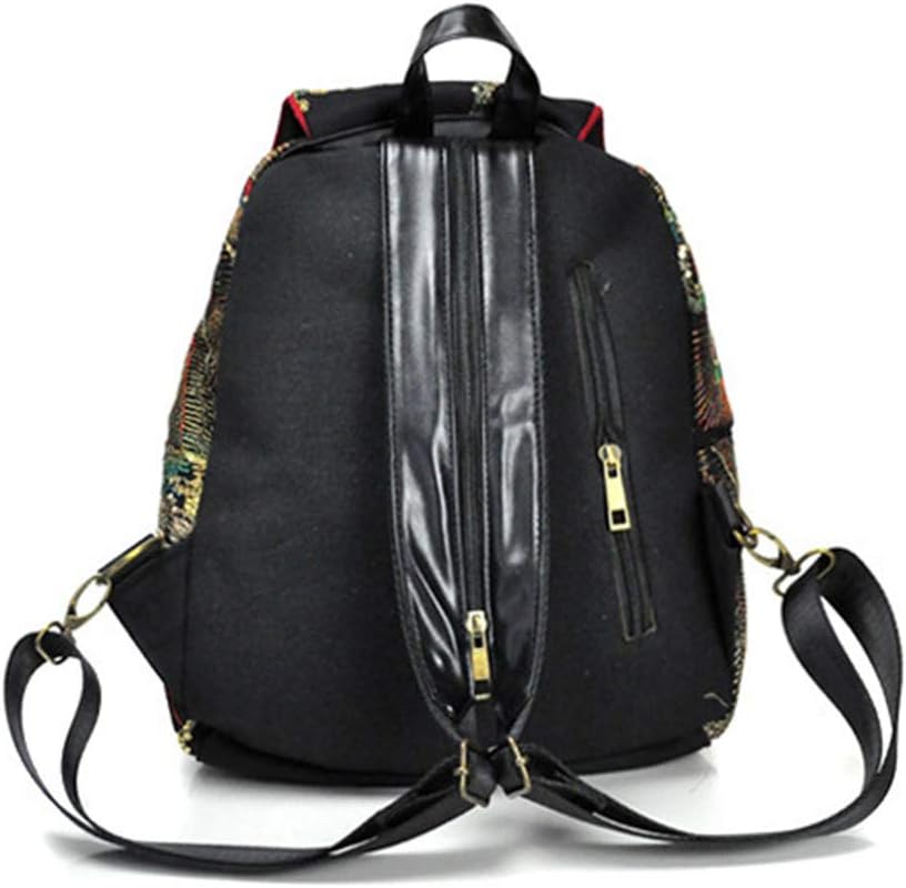 Vintage Canvas Boho Sequin Backpack For Women - With Phoenix Sequin Embroidery