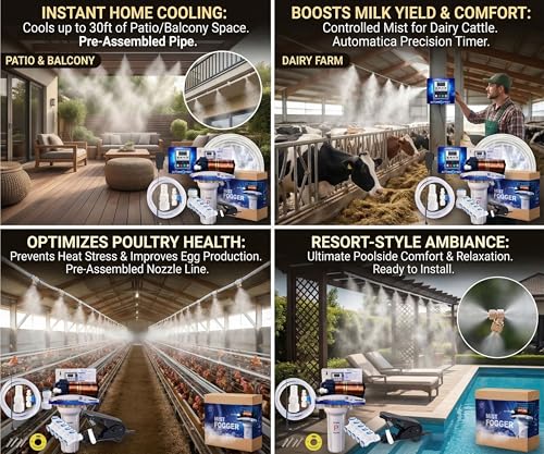 Image of Homenote Automatic Mist Maker Fogger Kit for Dairy Farm & Home | Cooling Fogar Misting System Kit | PRE ASSEMBLED | Warranty on Pump | 150 GPD Pump, 15 Nozzles & 30m Pipe | More Robust & Powerful