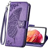 HAOTP Wallet Case for Samsung Galaxy S22 Ultra,PU Leather Wallet Flip Protective Phone Case Wrist Strap Card Slots Holder Pocket Emboss Butterfly Flower Stand Case for Women Men Purple