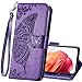 Wallet Case for Samsung Galaxy S22,PU Leather Wallet Flip Protective Phone Case Wrist Strap Card Slots Holder Pocket Emboss Butterfly Flower Stand Case for Samsung Galaxy S22 Purple