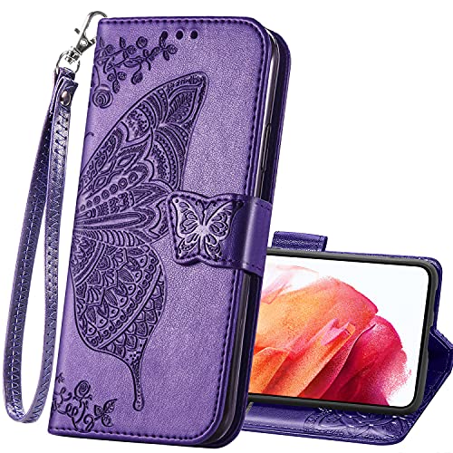 Wallet Case for Samsung Galaxy S22 Plus,PU Leather Wallet Flip Protective Phone Case Wrist Strap Card Slots Holder Pocket Emboss Butterfly Flower Stand Case for Samsung Galaxy S22 Plus Purple