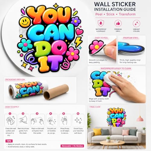 Image of Rangoli Motivational Quote Wall Sticker Self-Adhesive 16 x 16 Inch Waterproof Wall Decor for Living Room Bedroom Office You Can Do It Wall Decal
