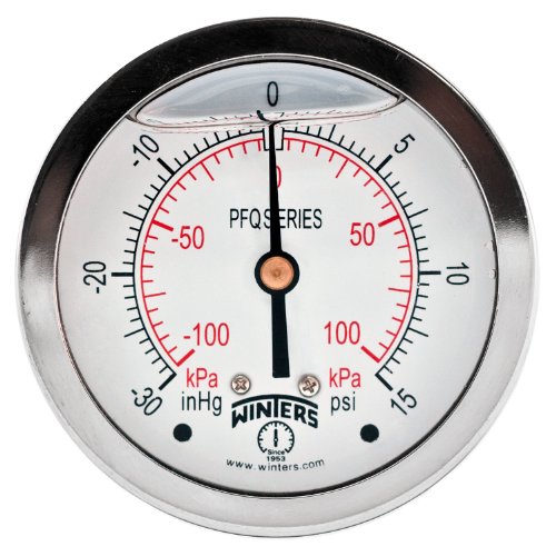 Image of Winters 2-1 /2 inch Dial Size, Liquid Filled Industrial Pressure Gauge, Brass Internals, 304 Stainless Steel Case, Dual Scale 30 inch Hg-0-15 psi /kPa, 1.5% Acc, 1 /4 inch NPT Back Mount, Pressure and Vacuum Gauge