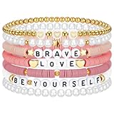 Landical 7 Pcs Friendship Bracelets for Women Teen Girls Preppy Clay Bead Heishi Surfer Bracelets Stackable Boho Y2k Jewelry(Pink)