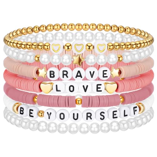 Landical Friendship Bracelets for Women Teen Girls Preppy Clay Bead Heishi Surfer Bracelets Stackable Boho Y2k Jewelry(Pink)