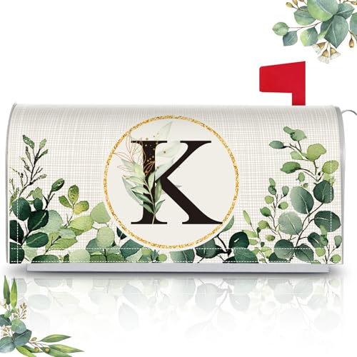 Image of Tiamon Monogrammed K Mailbox Covers Magnetic Eucalyptus Welcome Letter Box Wrap Standard Size 21x18 Inch Spring Summer Leaves Mailbox Decor Eucalyptus Letter Numbers Decoration for Outdoor Garden Yard