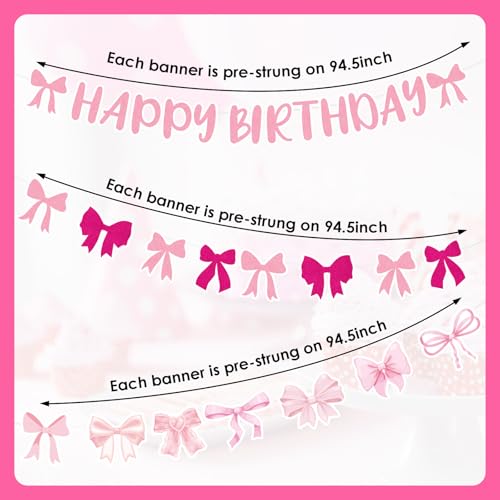 Image of Pink Coquette Birthday Banner - Sweet Bow Happy Birthday Decorations 3 Pcs Hanging Ribbon Banner Streamers Garland Decor for Girls Women Party Decoration Supplies