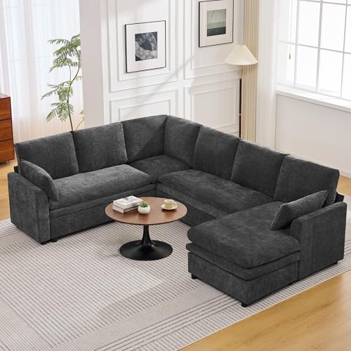 Image of 110 inch Sectional Couches with Right Chaise, Comfy Deep Dual-Layer Cushion Couch, 7 Seater U Shaped Couch, Modern Modular Sofa, Chenille Sofas for Living Room, Apartment, Grey
