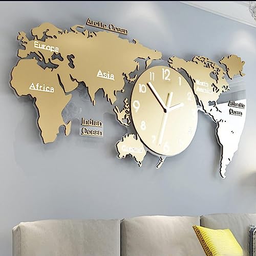 WJW 掛け時計 世界地図 大きい、3D壁掛け時計、世界地図壁掛け時計モダンデザインDIYデジタル吊り時計超静かなアクリル壁掛け時計 寝室 オフィス 120x55x5cm gold