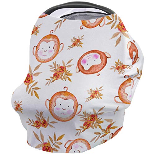 Monkey Baby Car Seat Covers, Nursing Cover Breastfeeding Scarf/Shawl, Infant Carseat Canopy, Stretchy Soft Breathable Multi-use Cover Ups, Flowers Red Geometric Retro Theme