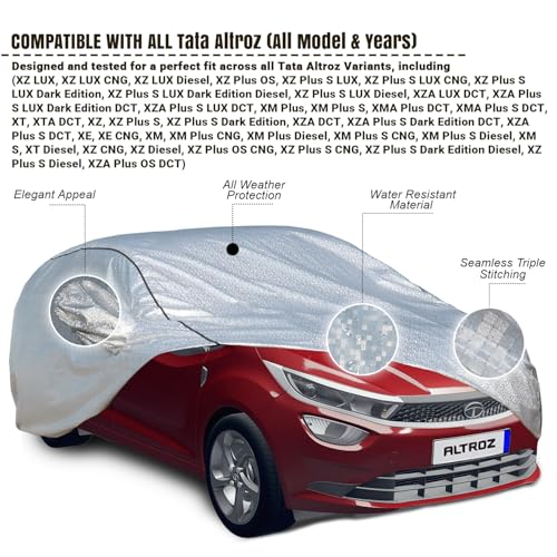 Image of Pivalo Car Cover for Tata Altroz All Model & Years (2020-2025) 100% Waterproof with Mirror Pockets, Triple Stitched Bottom Elastic Dustproof Full Body Protection (Heat & UV Resistant, Silver)