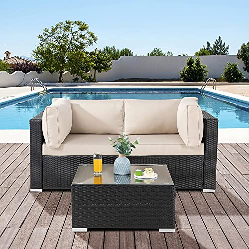 JY QAQA 3 Pieces Patio Outdoor Furniture Sets Conversation Sofa with Tea Table All-Weather PE Rattan Loveseat Corner Sofa - Thumbnail 5