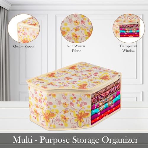 Image of Urbane Home Blouse Cover | Clothes Storage Bag | Zipper Wardrobe Organizers | Non-Woven Clothes Organiser | Side Transparent Blouse Organizer | Red Flower-Design | Pack of 9 | Ivory