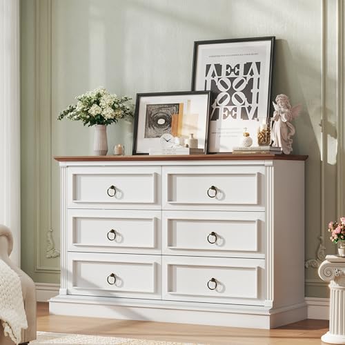 Image of HUAHUU Farmhouse 6 Drawer Dresser for Bedroom, 47 inch Wide Chest of Drawers with Roman Column, White Wood Dresser with Antique Bronze Circle Handles, Storage Organizer for Living Room, Hallway, Entryway