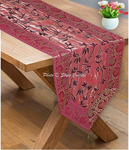 Image of Decorative Dining Table Runner Magenta Purple 6 Feet Party Decor Floral 72 Inch Long Banarsi Brocade Jacquard Embroidered Ari Zari Tablecloth Rectangle (72 x 14 Inch)
